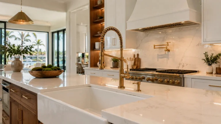 Luxury kitchen featuring premium brushed gold faucet and modern plumbing fixtures.