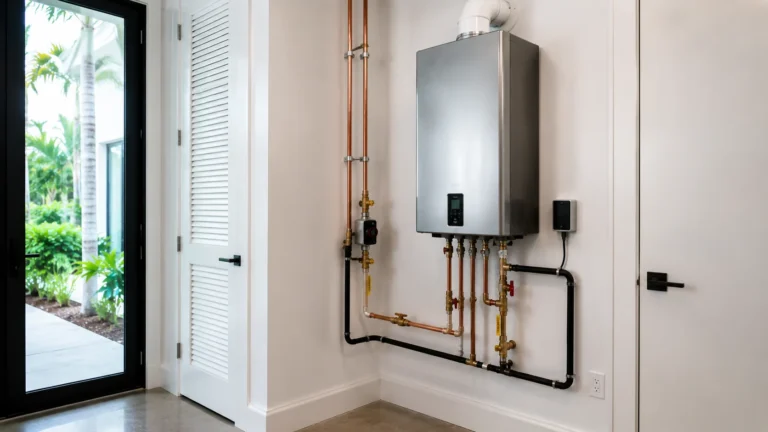 Luxury tankless water heater professionally installed in a modern South Florida home.