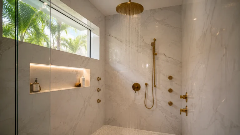 Luxury walk-in shower with brushed gold rainfall shower system and marble walls.