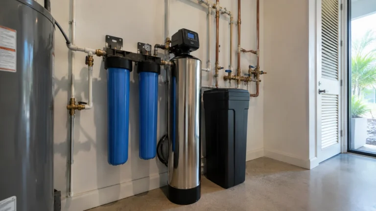 Whole-home water filtration and water conditioning system installed in a luxury residence.