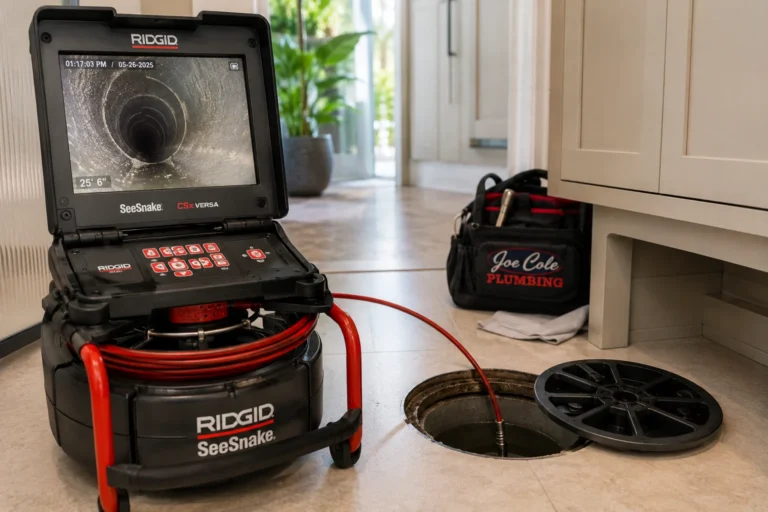 Professional sewer camera inspection equipment used by Joe Cole Plumbing to inspect residential drain lines as part of the Cole Guard Membership.