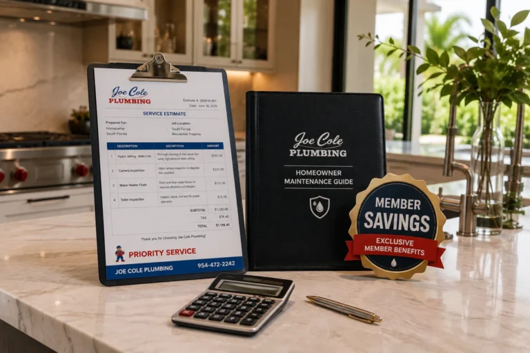 Joe Cole Plumbing homeowner maintenance guide with service estimate and exclusive member savings for Cole Guard Membership.