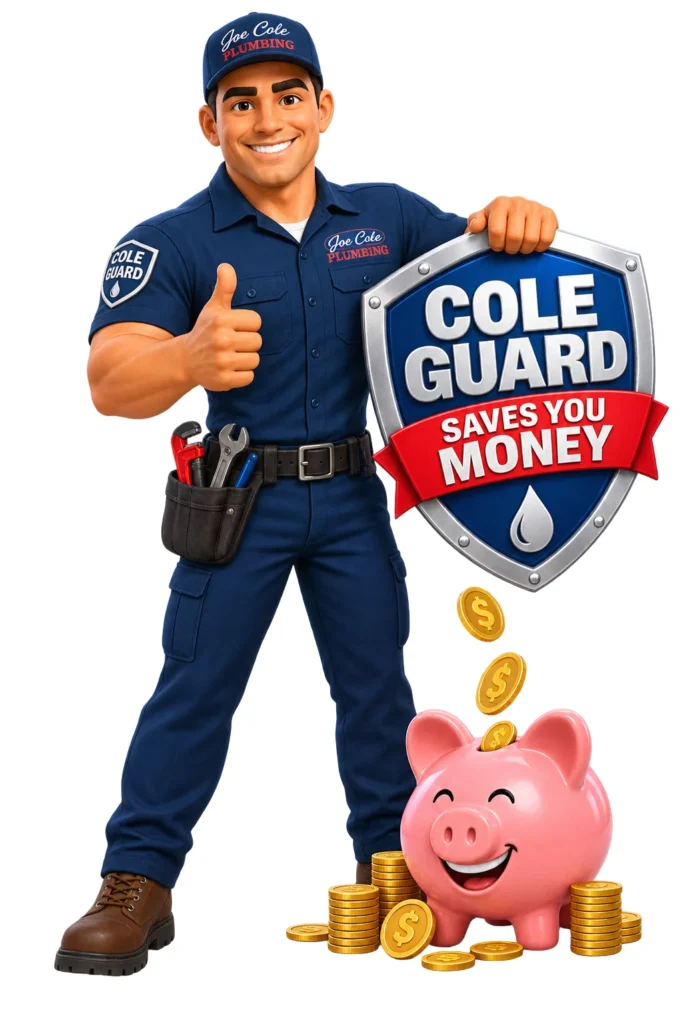 Cole Guard Membership mascot holding a shield that reads "Cole Guard Saves You Money" beside a piggy bank, representing plumbing maintenance savings and exclusive member discounts.