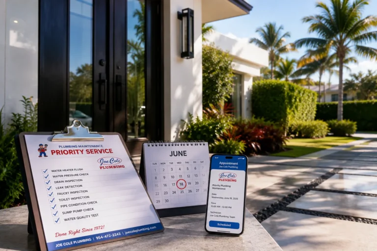 Joe Cole Plumbing Cole Guard Membership priority scheduling with maintenance checklist, appointment calendar, and scheduled plumbing service for South Florida homeowners.