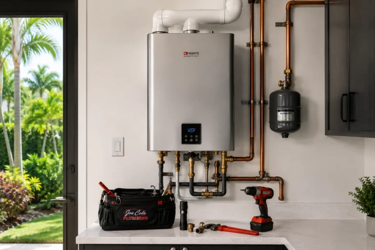 Tankless water heater maintenance performed as part of the Joe Cole Plumbing Cole Guard Membership preventive maintenance program.