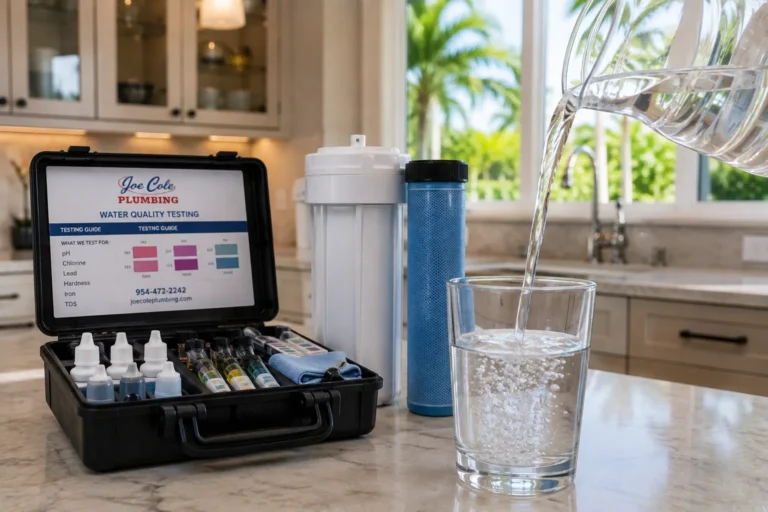 Water quality testing kit and filtration components used by Joe Cole Plumbing to evaluate residential drinking water for Cole Guard Members.