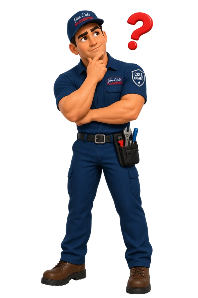 Cole Guard mascot answering frequently asked questions about the Cole Guard Membership by Joe Cole Plumbing.