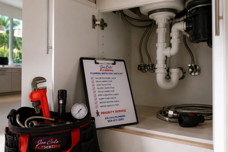 Under-sink plumbing inspection with Joe Cole Plumbing maintenance checklist as part of the Cole Guard Membership preventive maintenance program.